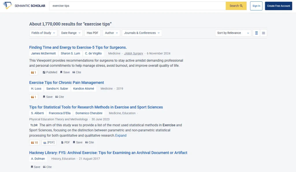 Semantic Scholar results for “exercise tips” with a TLDR summary under a paper