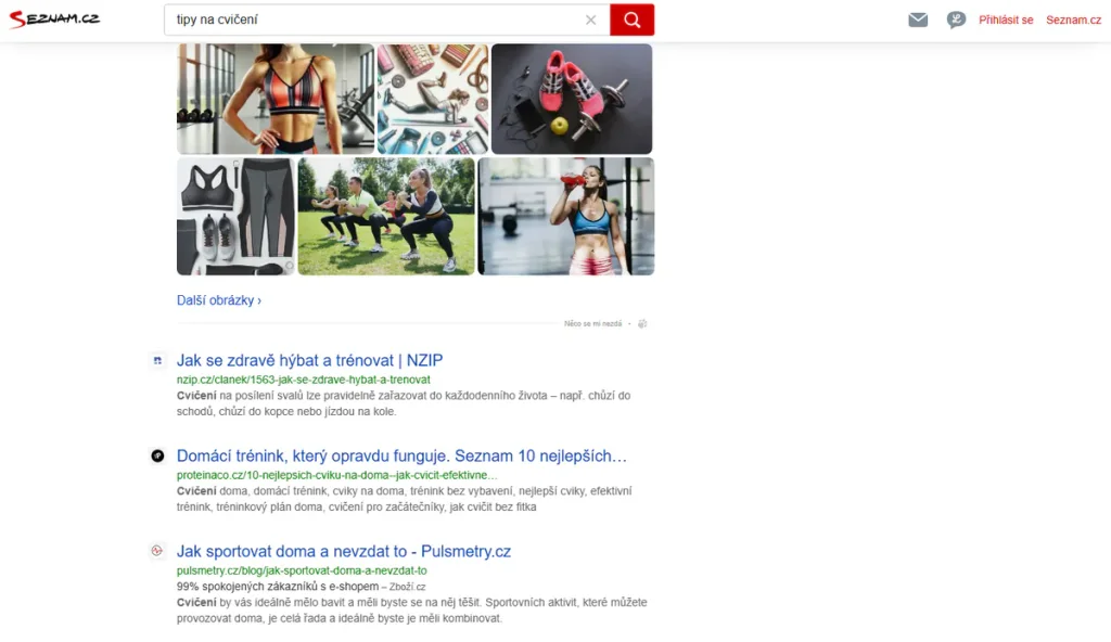 Seznam.cz search results for “tipy na cvičení” (exercise tips) with image results