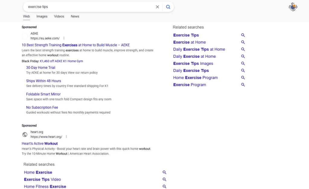 WebCrawler search results for “exercise tips” with sponsored results and related searches