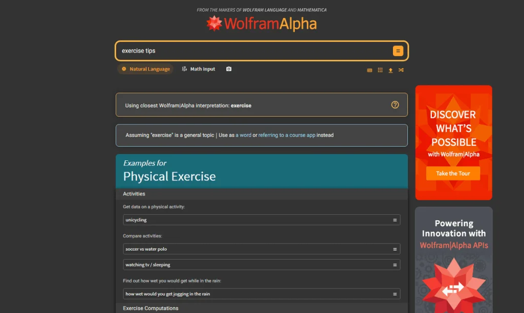 WolframAlpha results for “exercise tips”, interpreted as physical exercise with computation examples