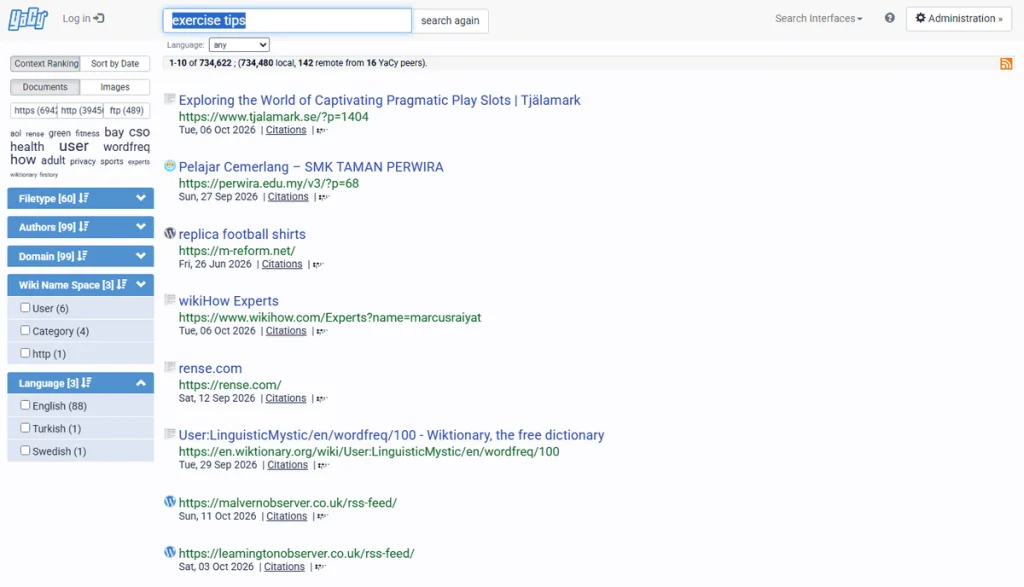 YaCy peer-to-peer search results for “exercise tips”