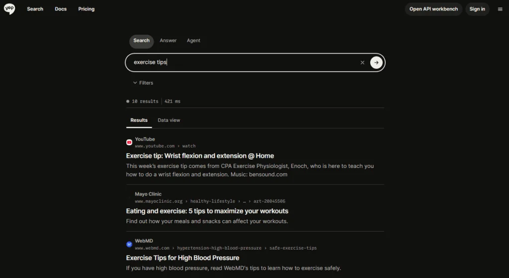 Yep search API workbench showing results for “exercise tips”