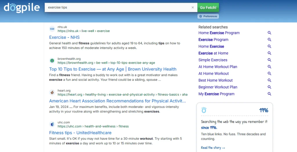 Dogpile search results for “exercise tips” with related searches