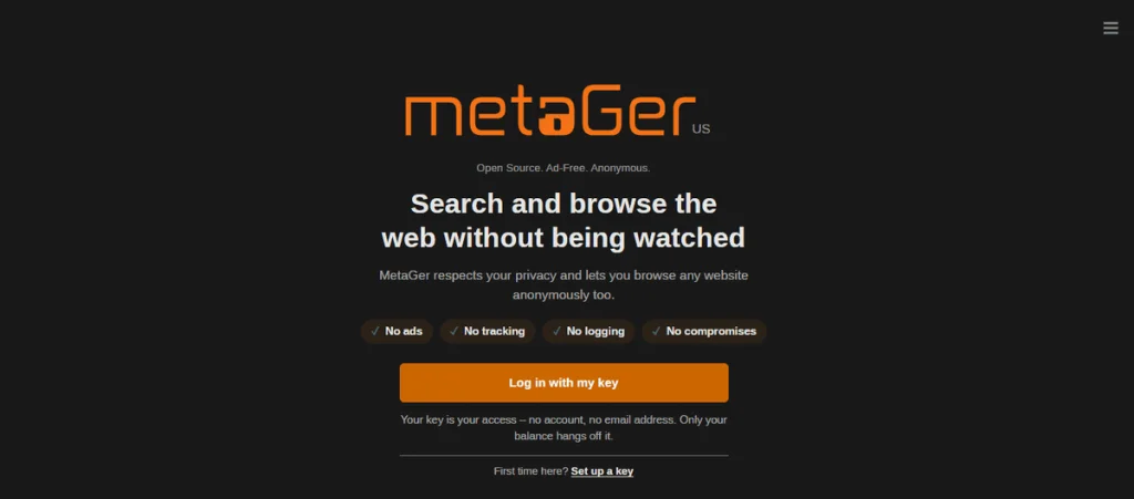 MetaGer homepage offering ad-free, anonymous search with a MetaGer key