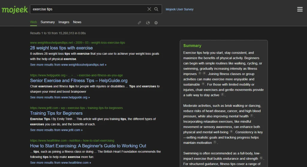 Mojeek search results for “exercise tips” with the optional AI Summary next to the results