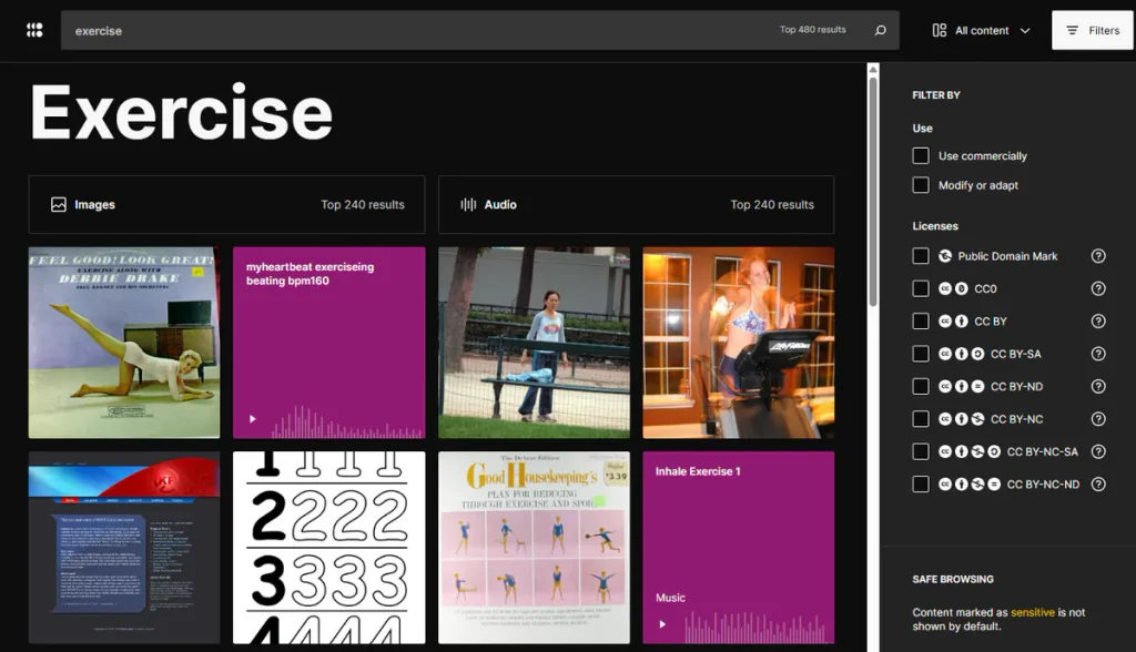 Openverse search results for “exercise” with openly licensed images, audio and license filters