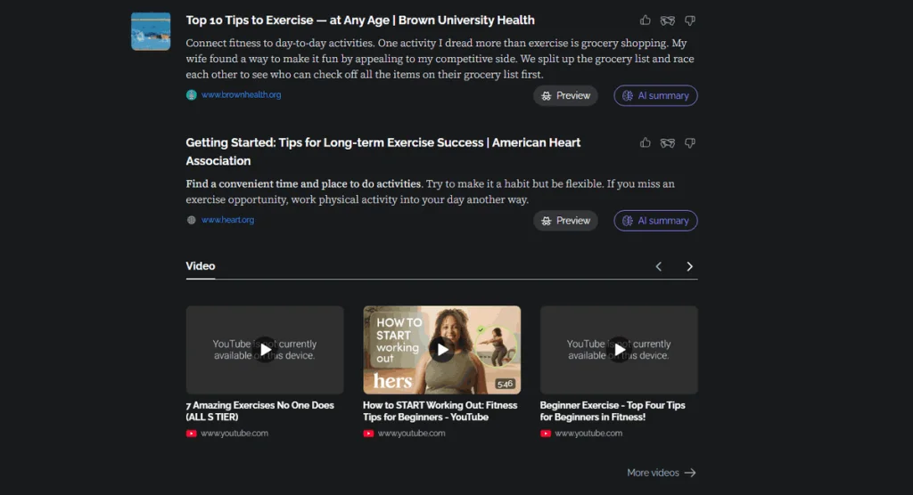 Swisscows search results for “exercise tips” with Preview and AI summary buttons