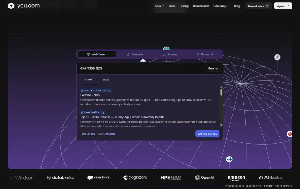 You.com web search API demo returning results for “exercise tips”