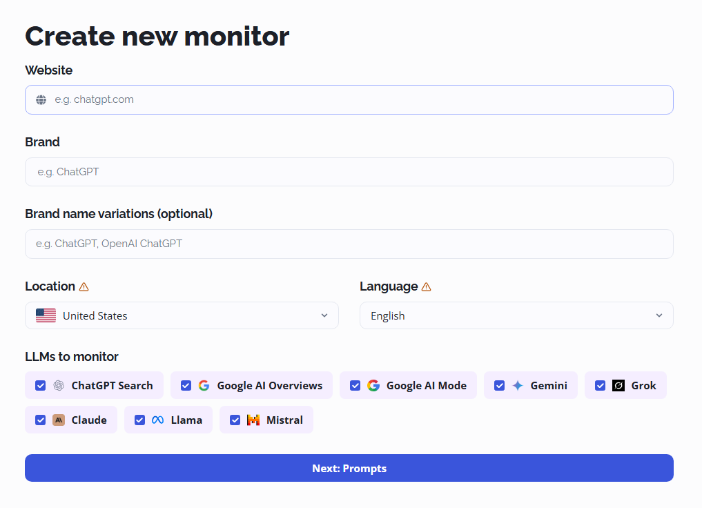 Set up first monitoring in AI Search Watcher