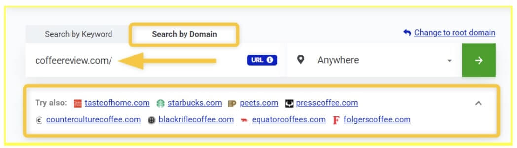 Competitor keyword research via Search by domain feature in KWFinder - example