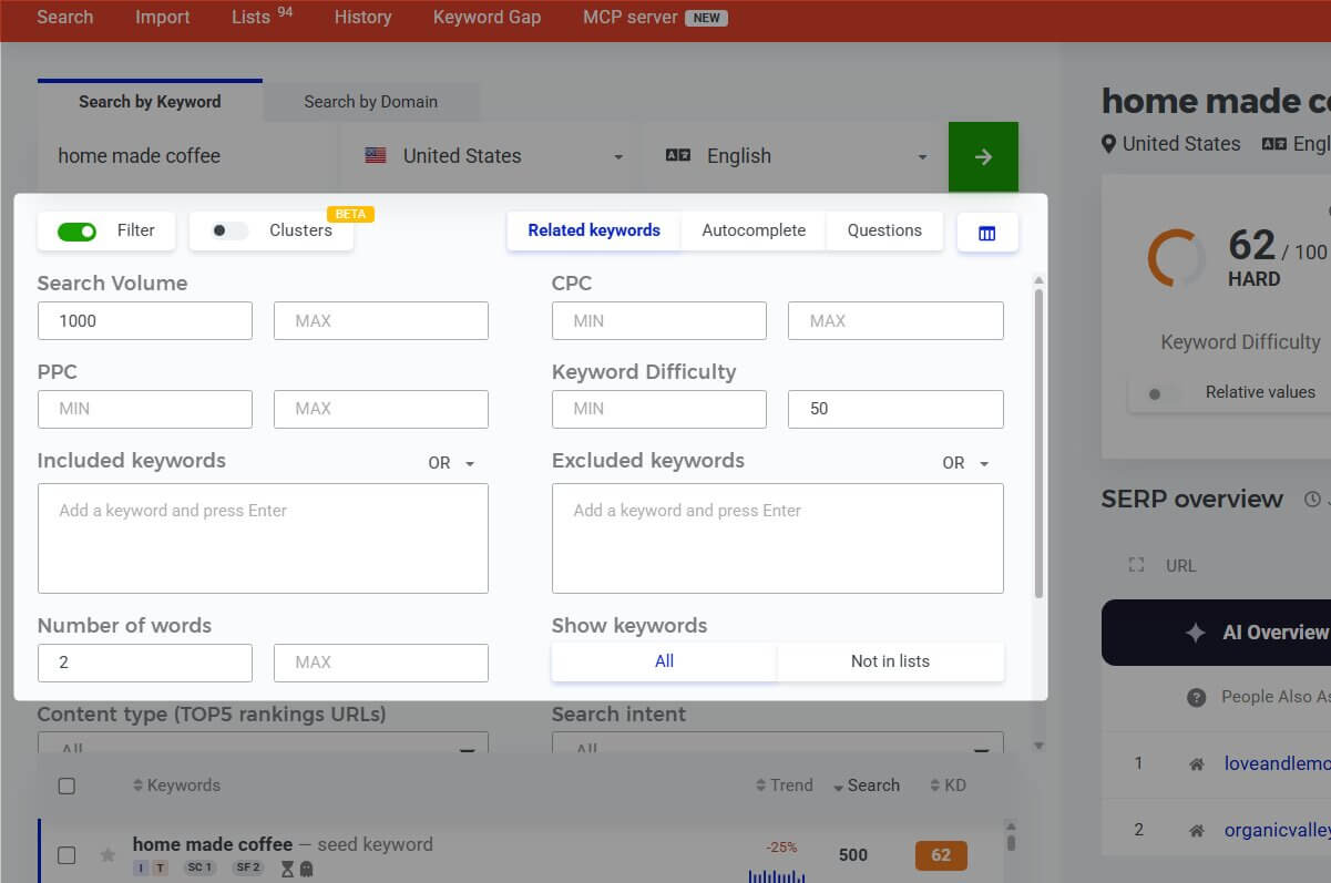 filtering keywords for SEO
