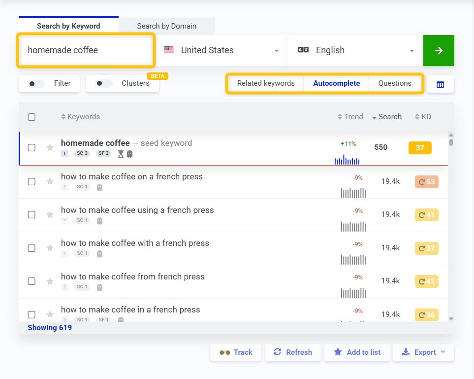 finding long-tail keywords in KWFinder